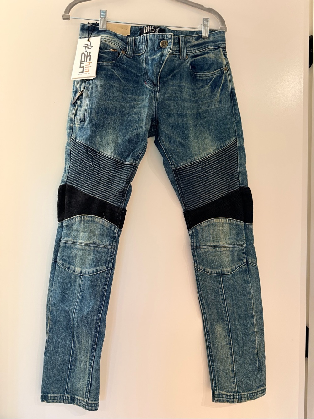 dks trends Women's Blue Skinny Moto Jeans with Black Knee Panels NWT